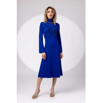 Rochie cu guler mediu si garnitura cu model geometric - Albastru royal
