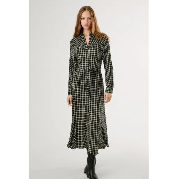 Rochie cu maneci lungi si model in carouri - Alb/Negru/Verde masliniu