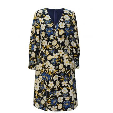 Rochie cu model floral si decolteu in V Poesie - Negru/Galben/Albastru