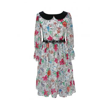 Rochie cu model floral si guler Peter Pan Lolah - Alb/Verde/Fucsia