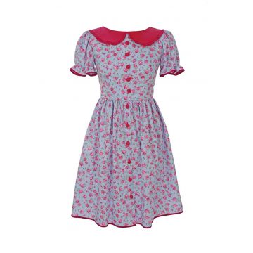 Rochie cu model floral si guler Peter-Pan Rozalia - Verde/Fucsia/Albastru deschis