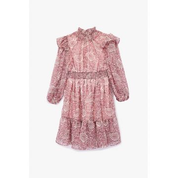 Rochie cu model - guler si volane - Bej/Rosu deschis