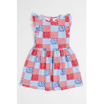 Rochie cu model in carouri si volane - Rosu/Albastru