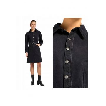 Rochie Dama -  Long Sleeve Dress - Regular Fit - Denim Aspect - Cu Guler - Lungime Mini - Cu Nasturi - Bumbac - Negru - Negru