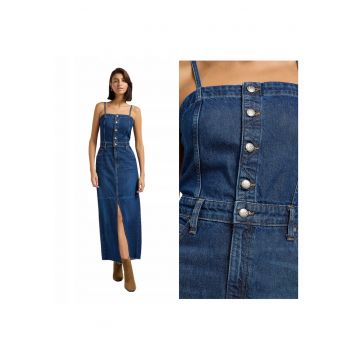 Rochie Dama -  Maxi Denim Dress - Slim Fit - Denim Aspect - Decolteu Drept - Lunga - Cu Nasturi - Bumbac - L INTL - Albastru