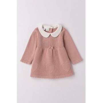 Rochie de bumbac tricotata cu guler rotund - Alb fildes/Roz prafuit