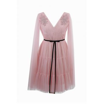 Rochie de seara midi din tul cu centura si broderie DARINNA - Roz deschis