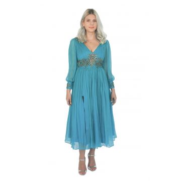 Rochie din amestec de matase cu decoratiuni si slituri laterale Jacqueline - Turcoaz/Argintiu