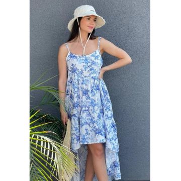 Rochie din bumbac cu model floral si talie inalta - Alb/Albastru