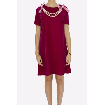 Rochie din catifea cu croiala in A si margele perlate Ama - Roz zmeuriu