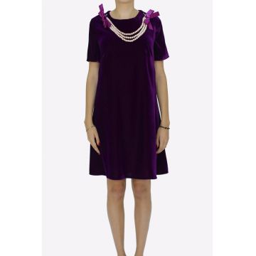 Rochie din catifea cu croiala in A si margele perlate Ama - Violet aubergine