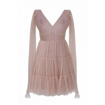 Rochie din tul cu decolteu in V si broderie florala