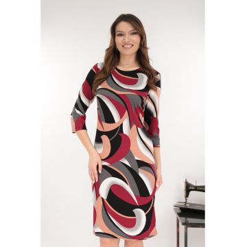 Rochie dreapta bej cu print abstract gri-bordo