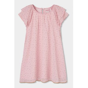 Rochie dreapta cu detaliu cu volan si buline - Roz pal