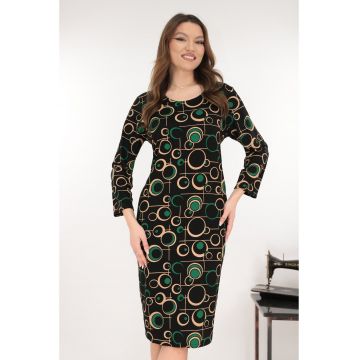 Rochie dreapta neagra cu buline imprimate bej-verde