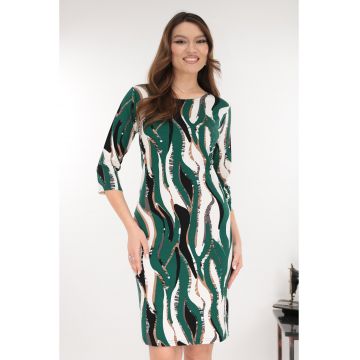Rochie dreapta verde cu print abstract bej-negru