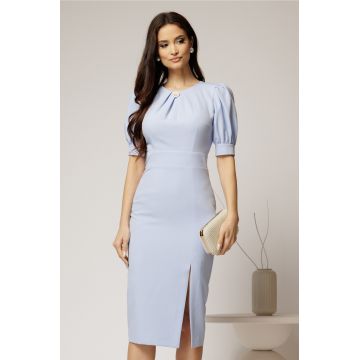 Rochie DY Fashion bleu conica cu maneci bufante scurte si detaliu la decolteu