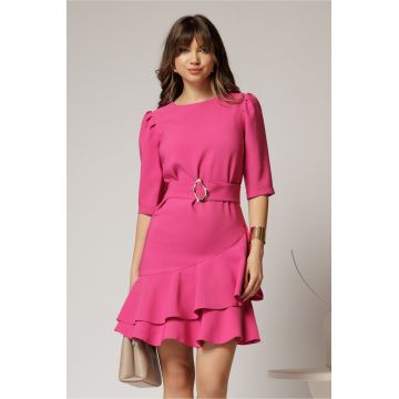 Rochie DY Fashion fucsia scurta cu volanase pe fusta si cordon detasabil