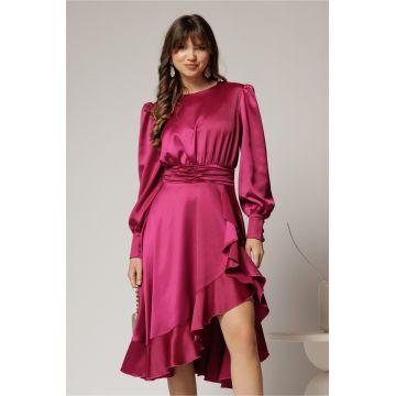 Rochie DY Fashion magenta din satin plin cu croi asimetric