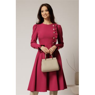 Rochie DY Fashion midi magenta cu nasturi si volanase la bust