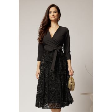 Rochie DY Fashion midi neagra cu decolteu petrecut si fusta din voal imprimat