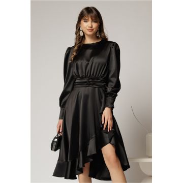Rochie DY Fashion neagra din satin plin cu croi asimetric
