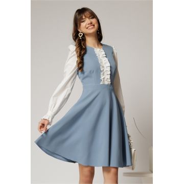 Rochie DY Fashion scurta bleu cu maneci lungi din poplin si volanase