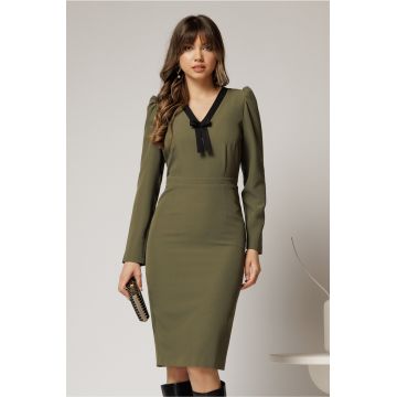 Rochie DY Fashion scurta kaki office conica cu decolteu in V si funda