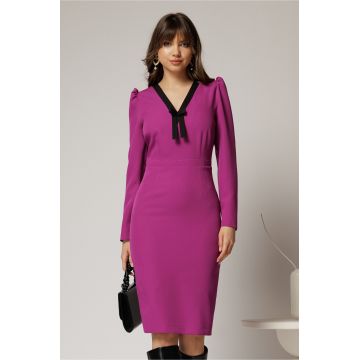 Rochie DY Fashion scurta magenta office conica cu decolteu in V si funda