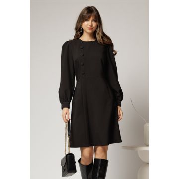 Rochie DY Fashion scurta neagra cu nasturi pe bust si fusta tip A