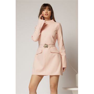 Rochie DY Fashion scurta roz din stofa cu clapete tip buzunare si curea in talie
