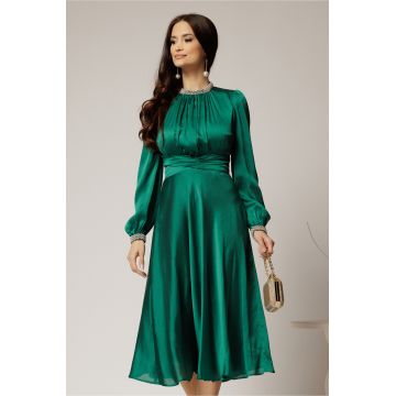 Rochie DY Fashion verde crud din voal cu perle la guler si maneci