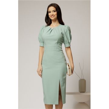 Rochie DY Fashion vernil conica cu maneci bufante scurte si detaliu la decolteu