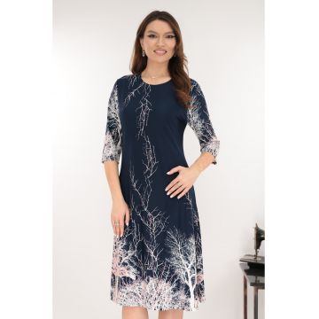 Rochie evazata bleumarin cu bordura florala alba