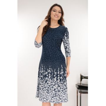 Rochie evazata bleumarin cu imprimeu floral in degrade