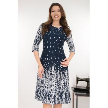 Rochie evazata bleumarin cu imprimeu floral la tiv