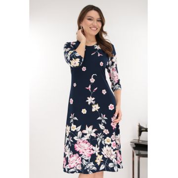 Rochie evazata bleumarin cu print floral roz-gri