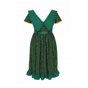 Rochie evazata cu animal print si guler supradimensionat Cecile - Verde