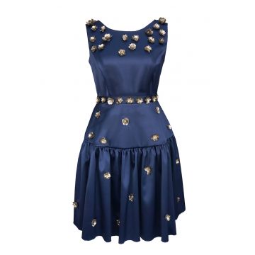 Rochie evazata cu aplicatie florala Marisse - Bleumarin