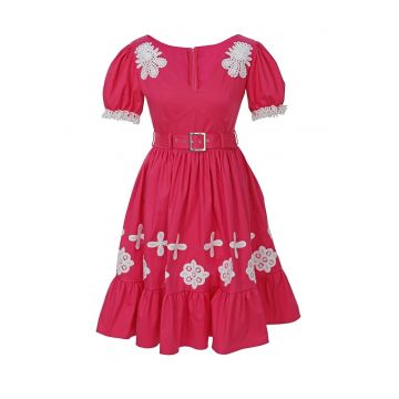 Rochie evazata cu decolteu in V Daiana - Alb/Fucsia