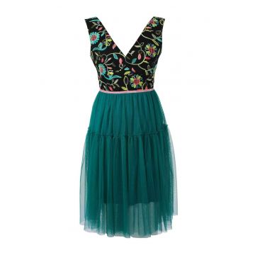 Rochie evazata cu decolteu in V fara maneci - Negru/Verde persan