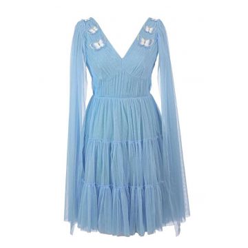 Rochie evazata cu decolteu in V si aplicatii cu fluturi - Alb/Albastru lavanda/Argintiu