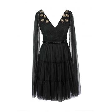 Rochie evazata cu decolteu in V si aplicatii florale - Negru/Grej