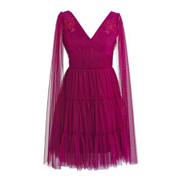 Rochie evazata cu decolteu in V si aplicatii - Violet tyrian