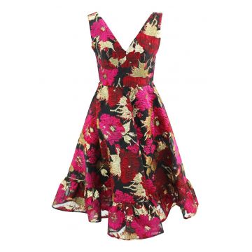 Rochie evazata cu decolteu in V si model floral - Rosu/Fucsia