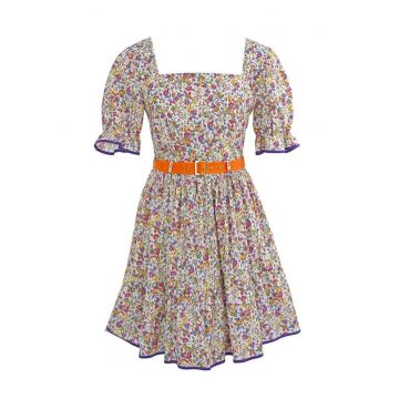 Rochie evazata cu decolteu patrat si imprimeu - Alb/Roz zmeuriu/Albastru deschis