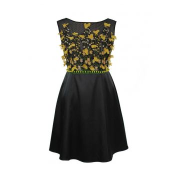 Rochie evazata cu decoratiuni florale Crina - Negru/Galben/Kaki