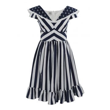 Rochie evazata cu dungi Casiana - Alb/Bleumarin