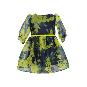 Rochie evazata cu imprimeu floral Ezra - Galben/Bleumarin