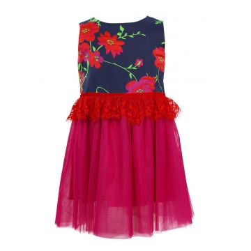 Rochie evazata cu imprimeu floral Gabriella - Fucsia/Bleumarin